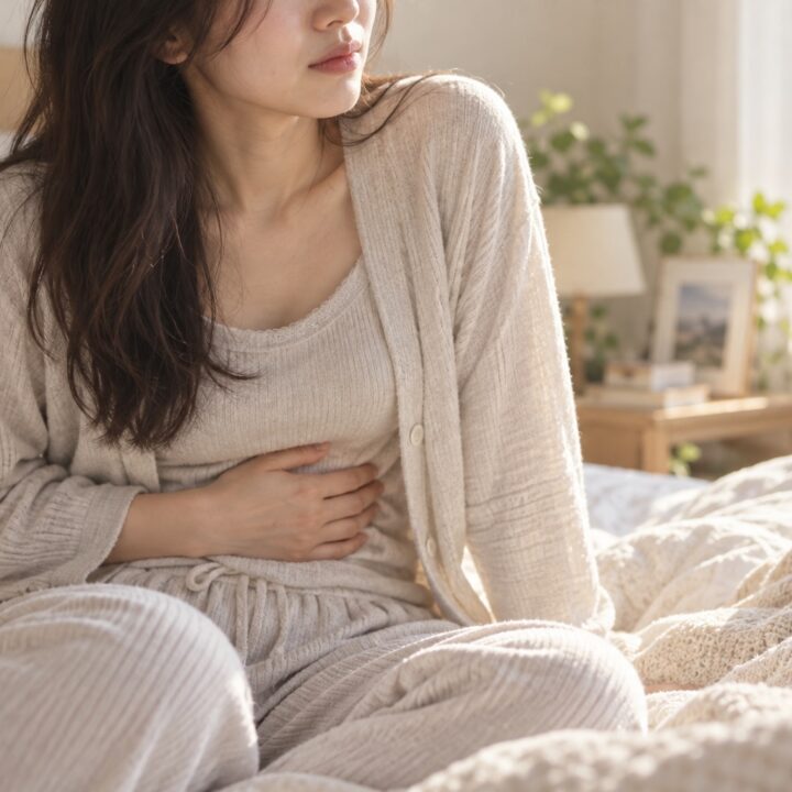 아침에 침대에서 배를 감싸며 불편함을 느끼는 여성의 모습
