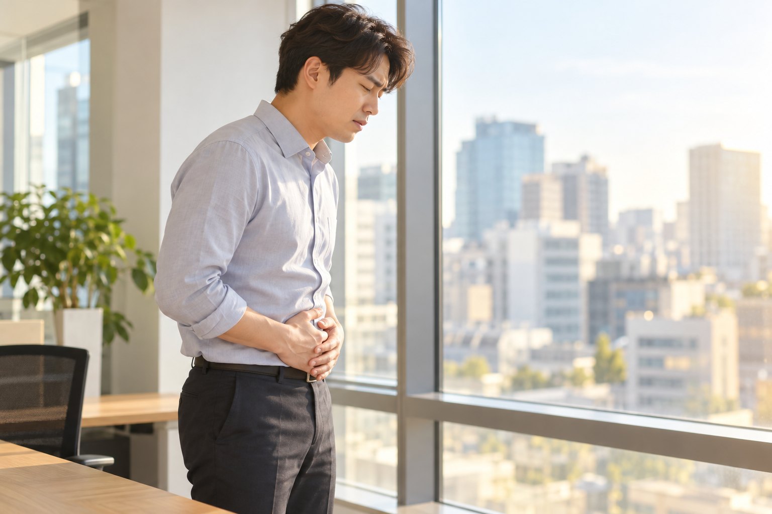 해운대 아랫배가묵직, 사무실에서 서서 양손으로 아랫배를 감싼 남성