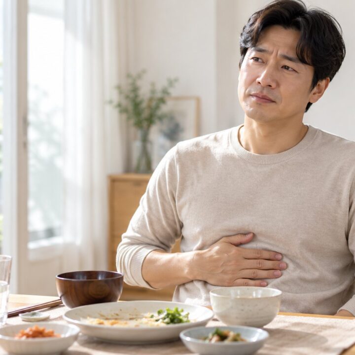 해운대 담적병치료, 밝은 진료실에서 명치 부근을 짚으며 속이 불편한 듯 앉아 있는 한국인 성인