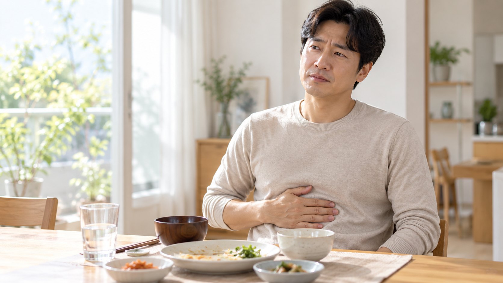 해운대 담적병치료, 밝은 진료실에서 명치 부근을 짚으며 속이 불편한 듯 앉아 있는 한국인 성인