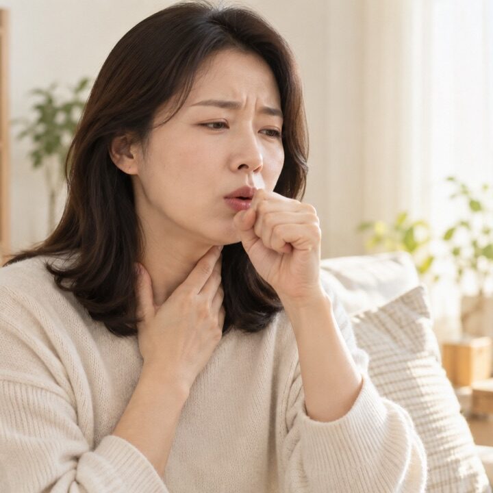 해운대 헛기침, 헛기침으로 목이 불편한 성인의 모습